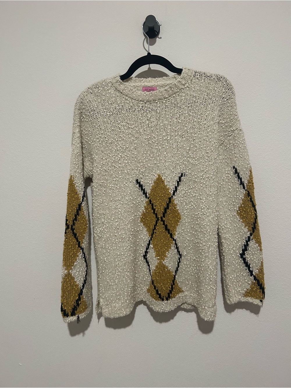 Mi Ami For Francesca’s Cream Crewneck Sweater with Mustard Argyle
